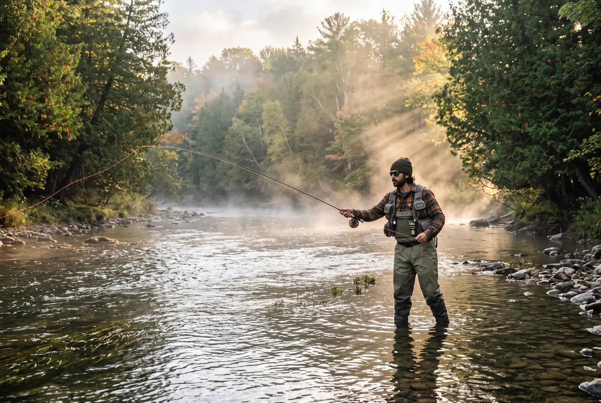 Illustrative fly fisher on a clear river