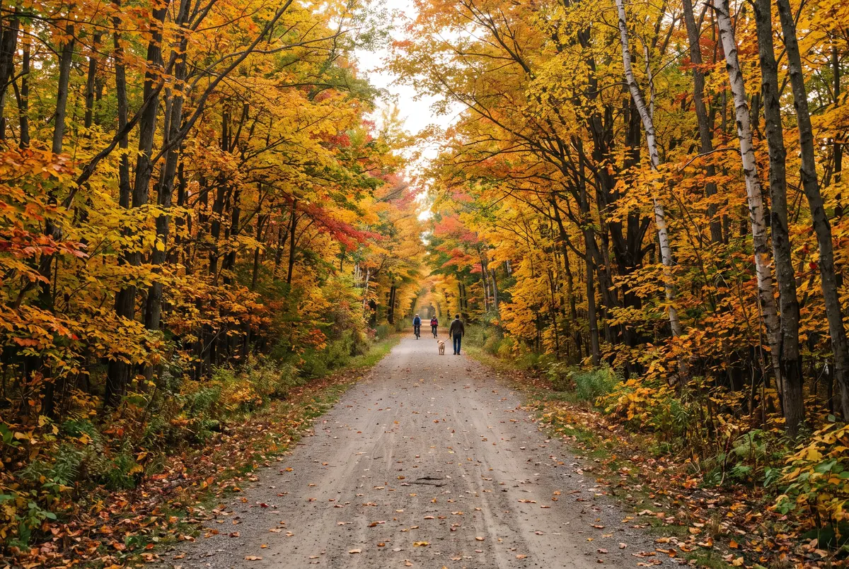 Illustrative rail trail through autumn forest