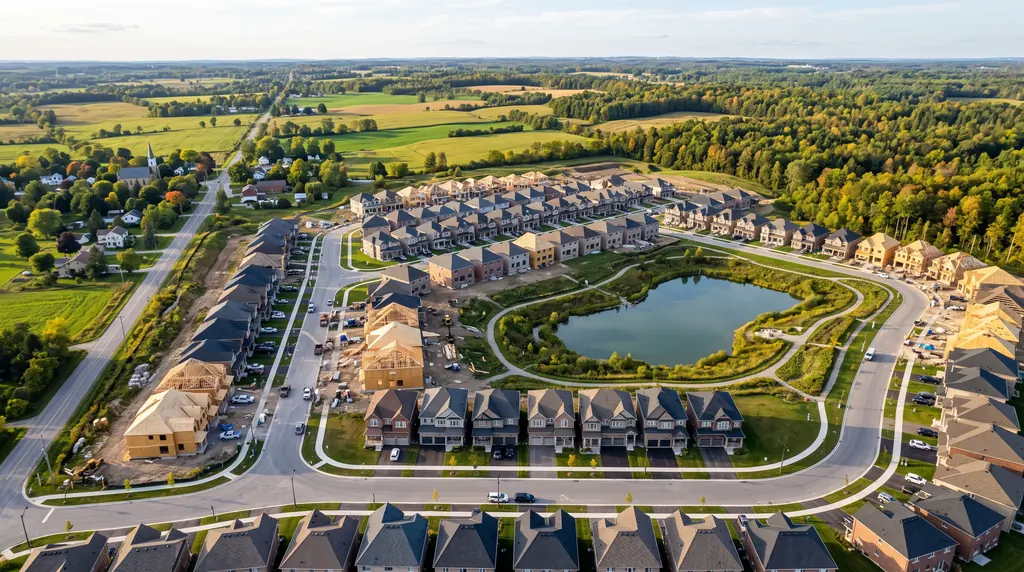 Illustrative aerial of a new subdivision on the edge of a village