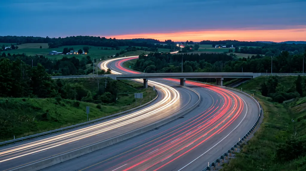 Illustrative highway through Ontario countryside at dusk