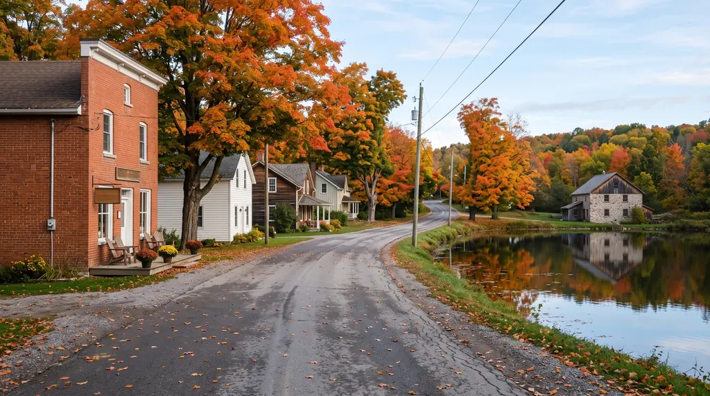 Illustrative small Ontario hamlet main road in autumn