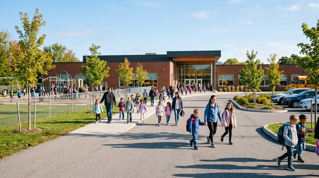 Illustrative modern elementary school on a September morning