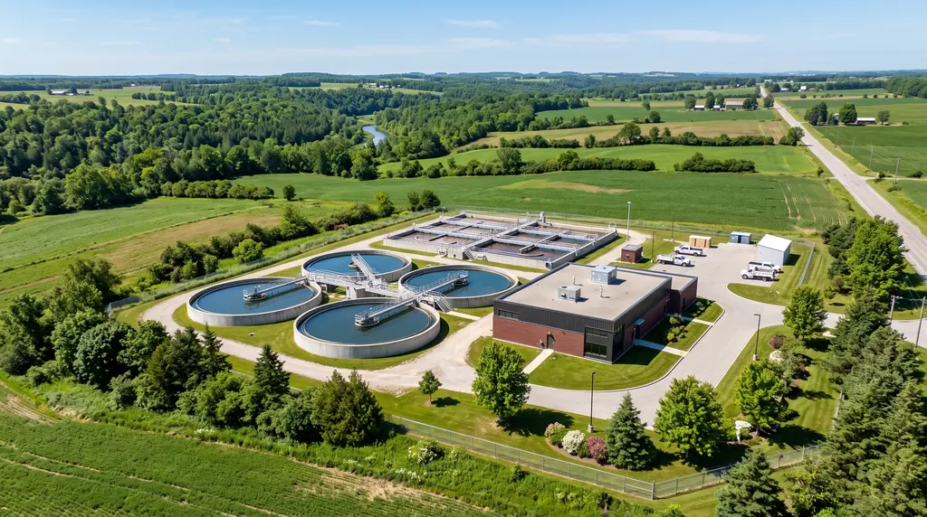 Illustrative modern wastewater treatment plant in green countryside